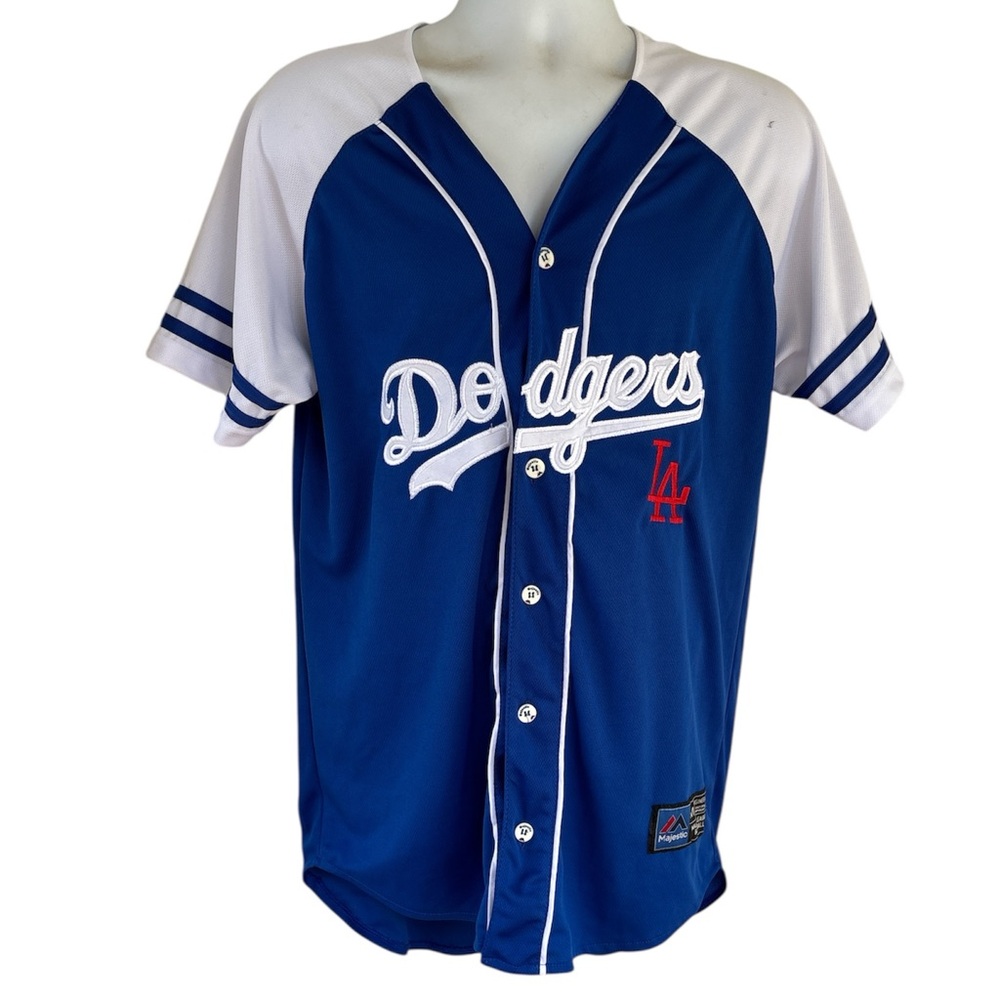 Dodgers LA Men's Embroidered Button Down Blue and White Baseball Jersey Size M